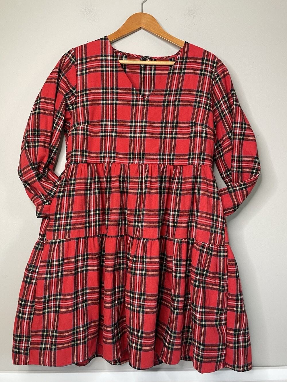 YNNY Women’s L Red Tartan Plaid Tiered Babydoll Christmas Dress Long Sleeve